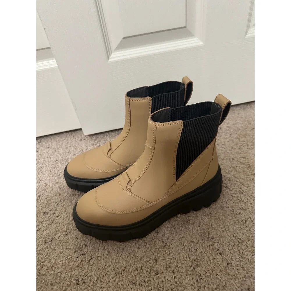 Sorel Brex Boot Chelsea Tan Black Leather Waterproof Lug Sole Ankle Boots NL5014